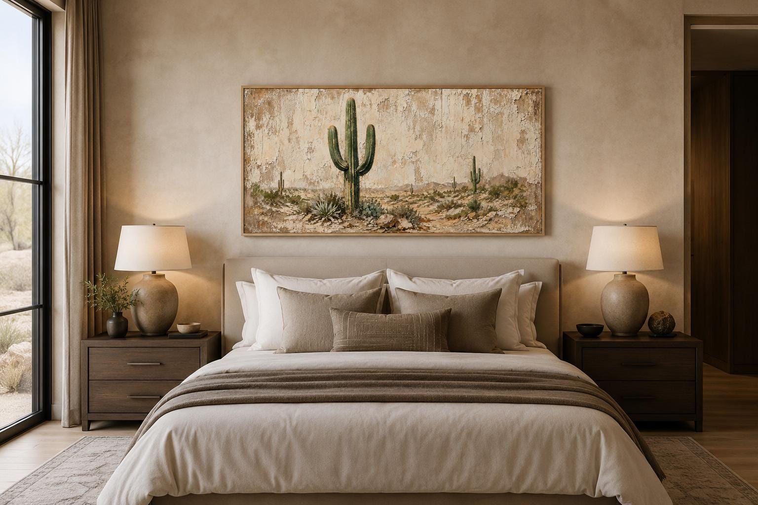 Minimalist Desert With Saguaro Cactus Painted on Neutral Weathered Wood Background Canvas Wall Art
