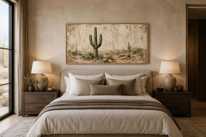 Minimalist Desert With Saguaro Cactus Painted on Neutral Weathered Wood Background Canvas Wall Art