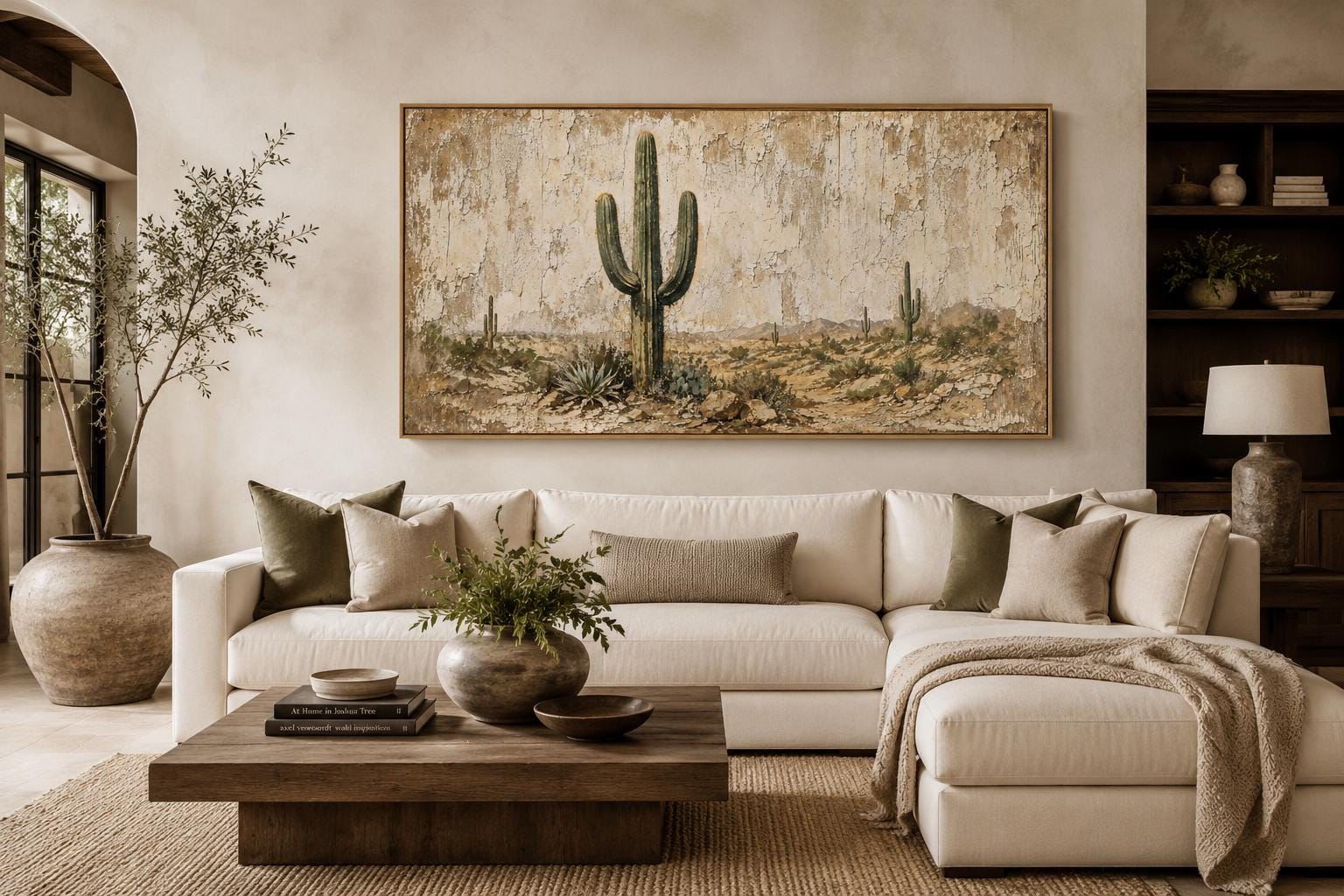 Minimalist Desert With Saguaro Cactus Painted on Neutral Weathered Wood Background Canvas Wall Art