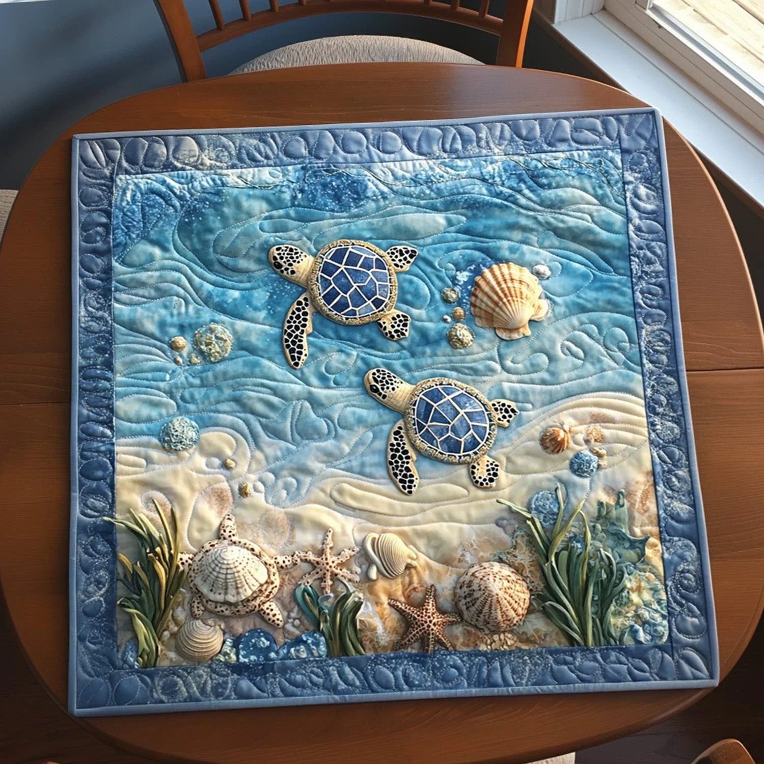 Deep Blue Drift Quilted Table Topper