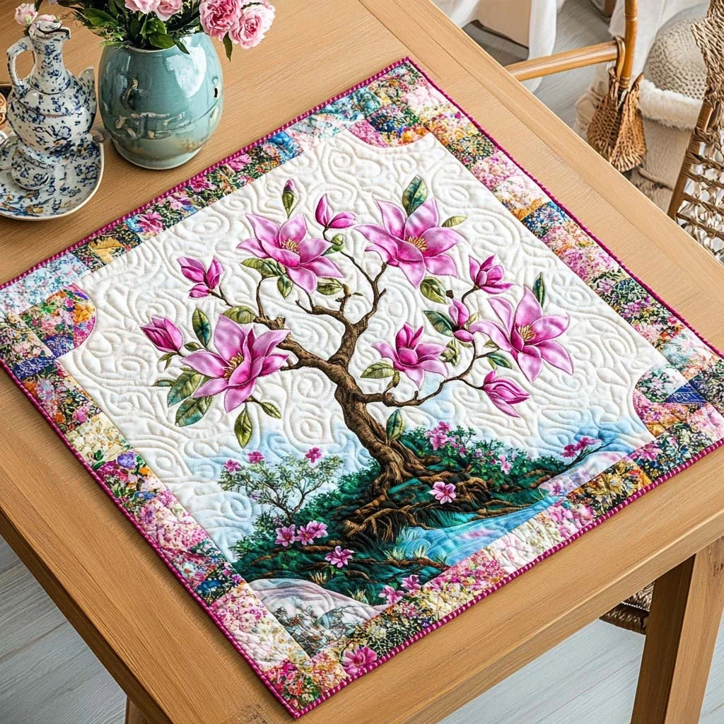 Delicate Magnolia Quilted Table Topper