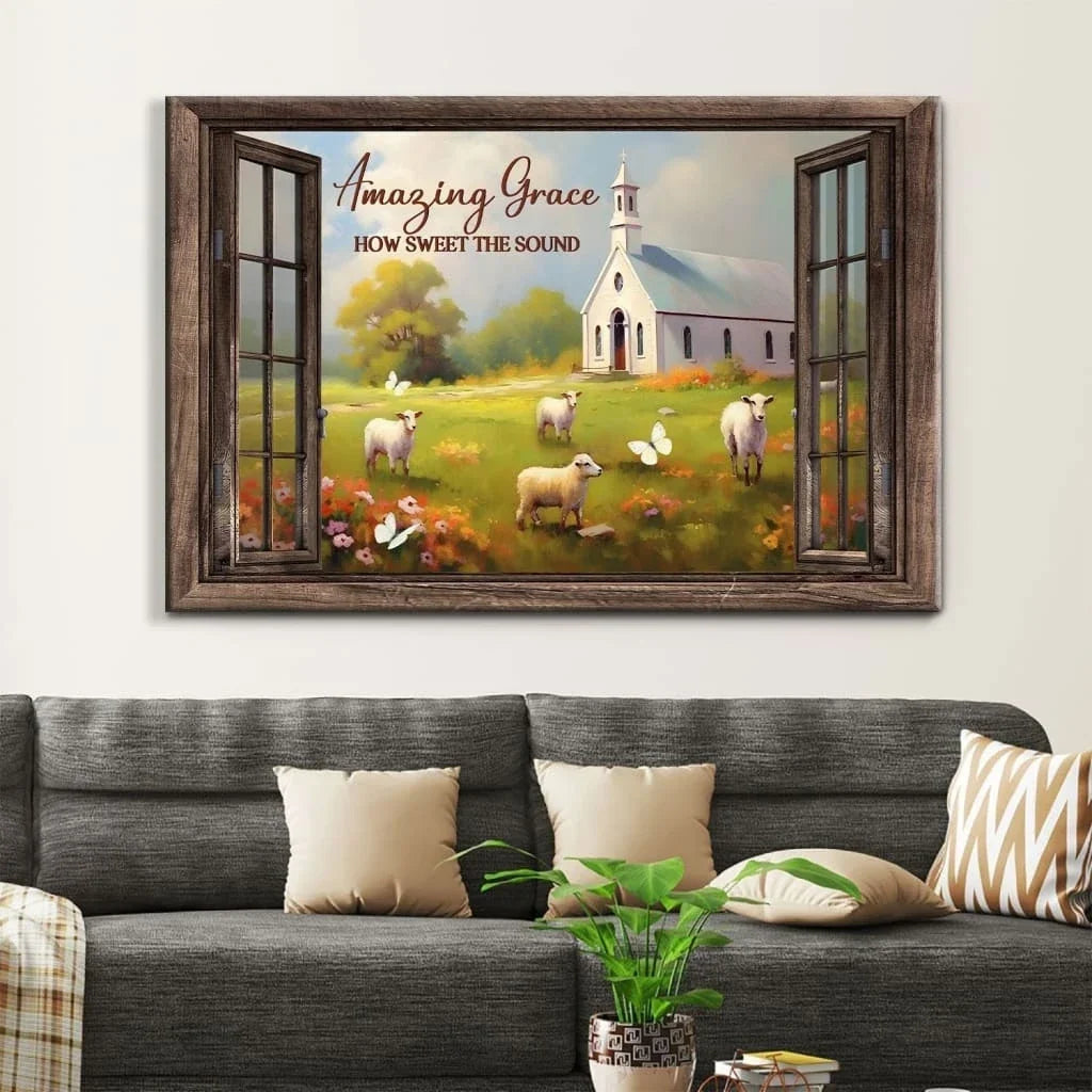 christian wall art amazing grace how sweet the sound canvas sheep church in field (Landscape) (view 2)