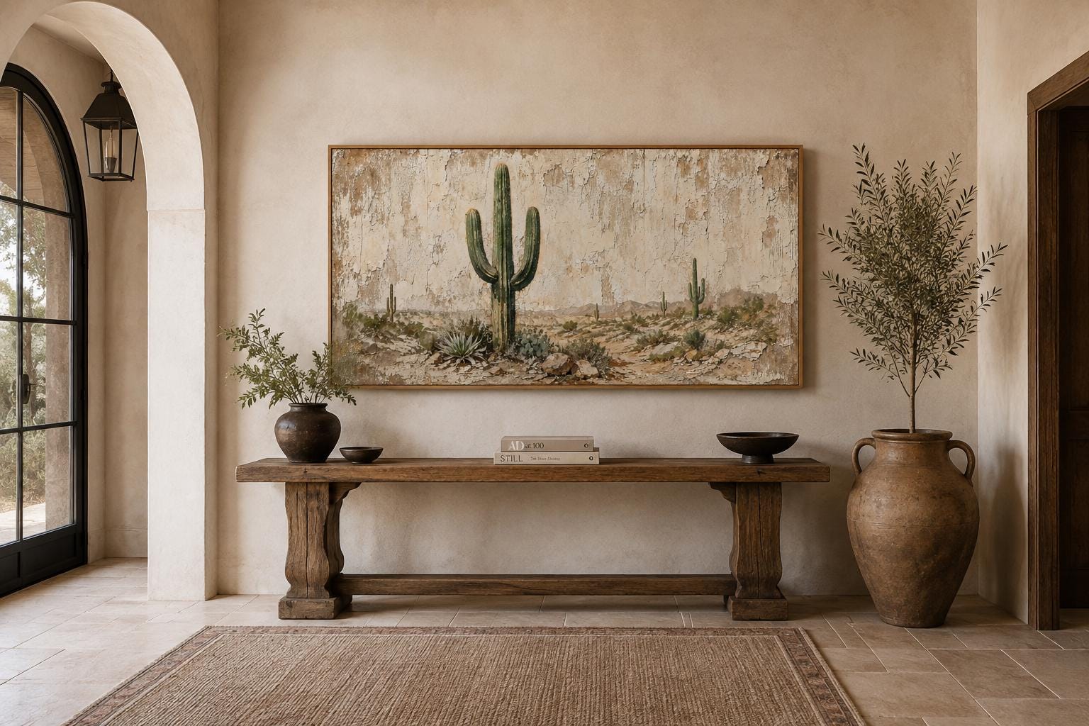 Minimalist Desert With Saguaro Cactus Painted on Neutral Weathered Wood Background Canvas Wall Art