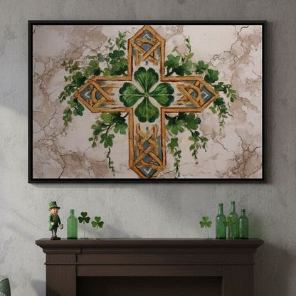 Celtic Cross Clover Wreath Canvas Wall Art