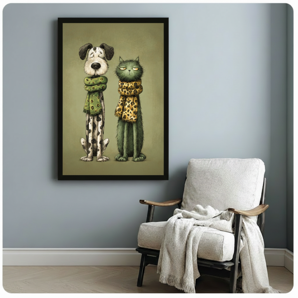 Quirky Dog & Cat Scarf Canvas Wall Art