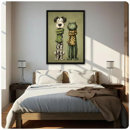 Quirky Dog & Cat Scarf Canvas Wall Art