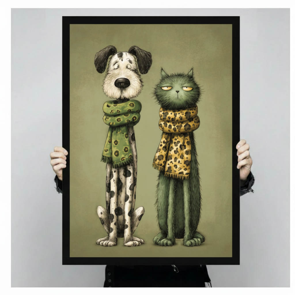 Quirky Dog & Cat Scarf Canvas Wall Art