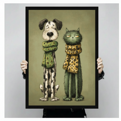 Quirky Dog & Cat Scarf Canvas Wall Art