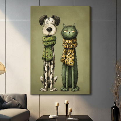 Quirky Dog & Cat Scarf Canvas Wall Art