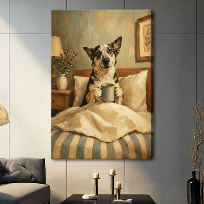 Dog in Bed Morning Coffee Canvas Art Wall Art