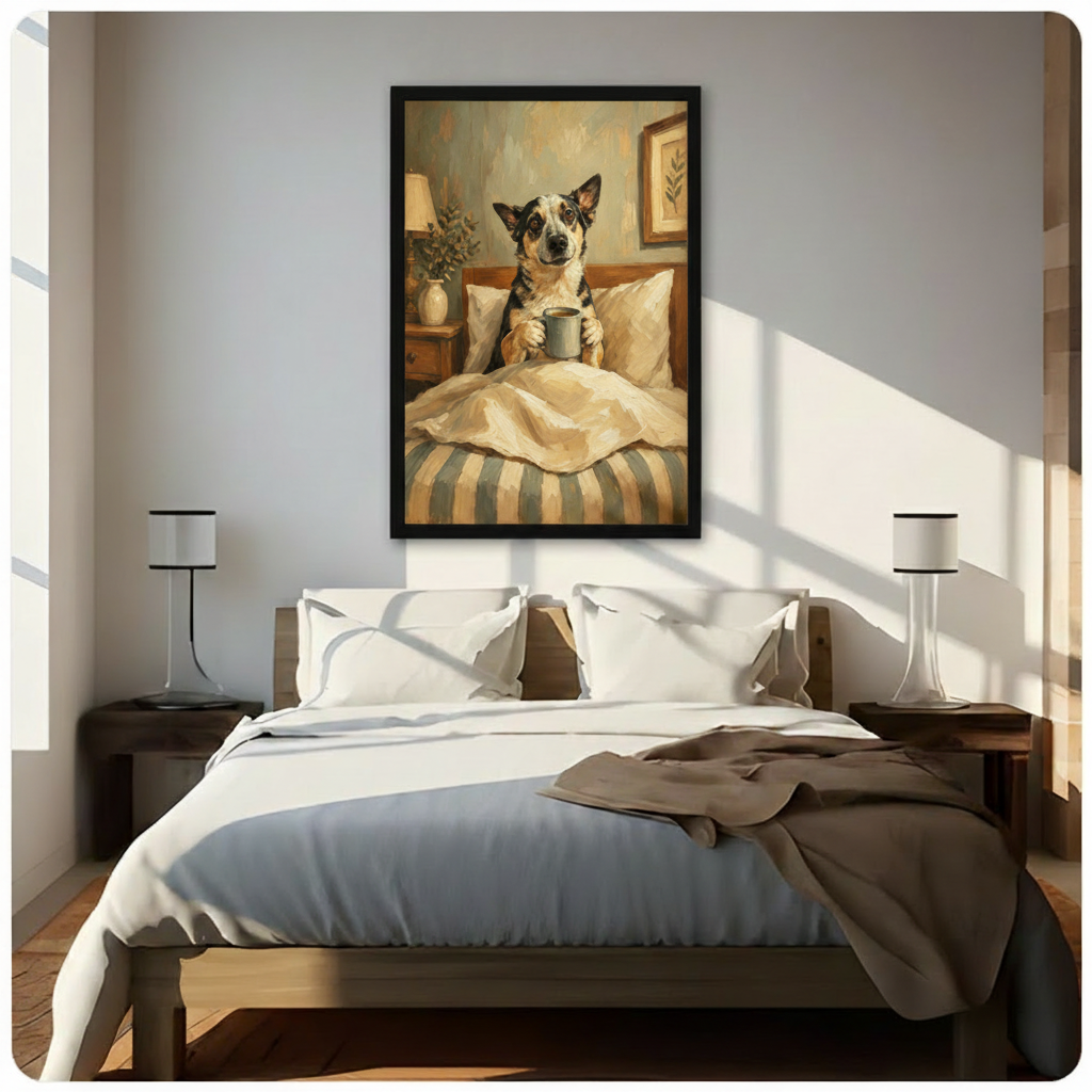 Dog in Bed Morning Coffee Canvas Art Wall Art