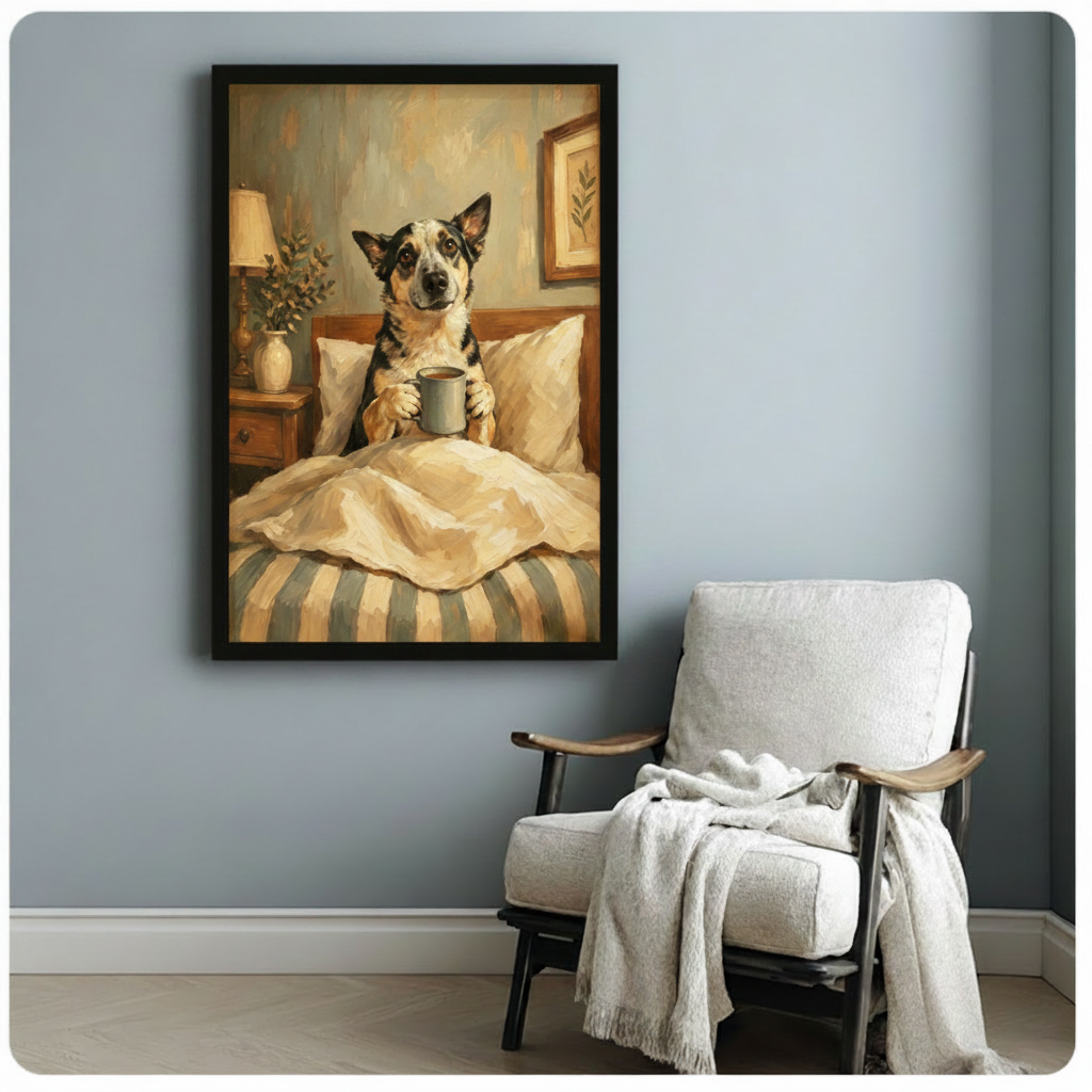Dog in Bed Morning Coffee Canvas Art Wall Art