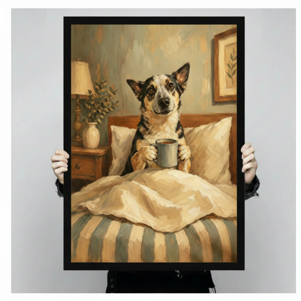 Dog in Bed Morning Coffee Canvas Art Wall Art