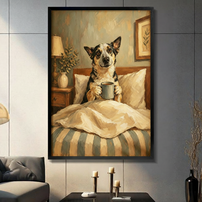 Dog in Bed Morning Coffee Canvas Art Wall Art