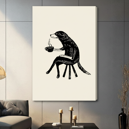 Coffee Dog Woodcut Illustration Canvas Wall Art