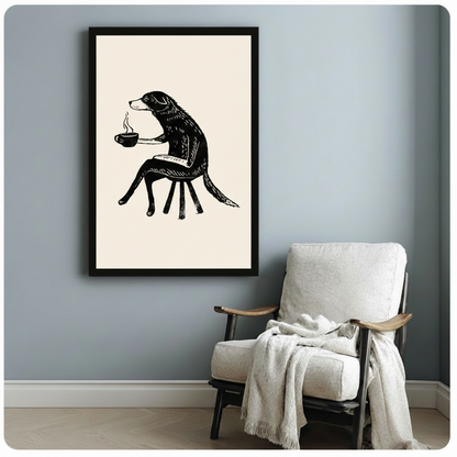 Coffee Dog Woodcut Illustration Canvas Wall Art