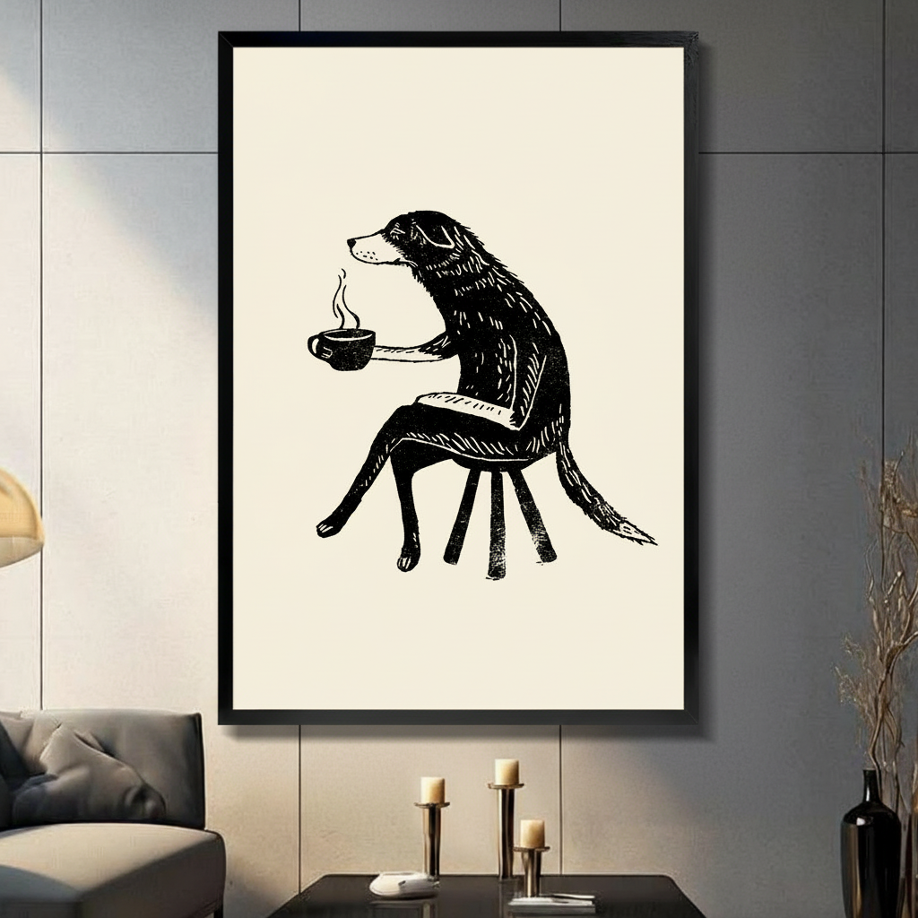 Coffee Dog Woodcut Illustration Canvas Wall Art