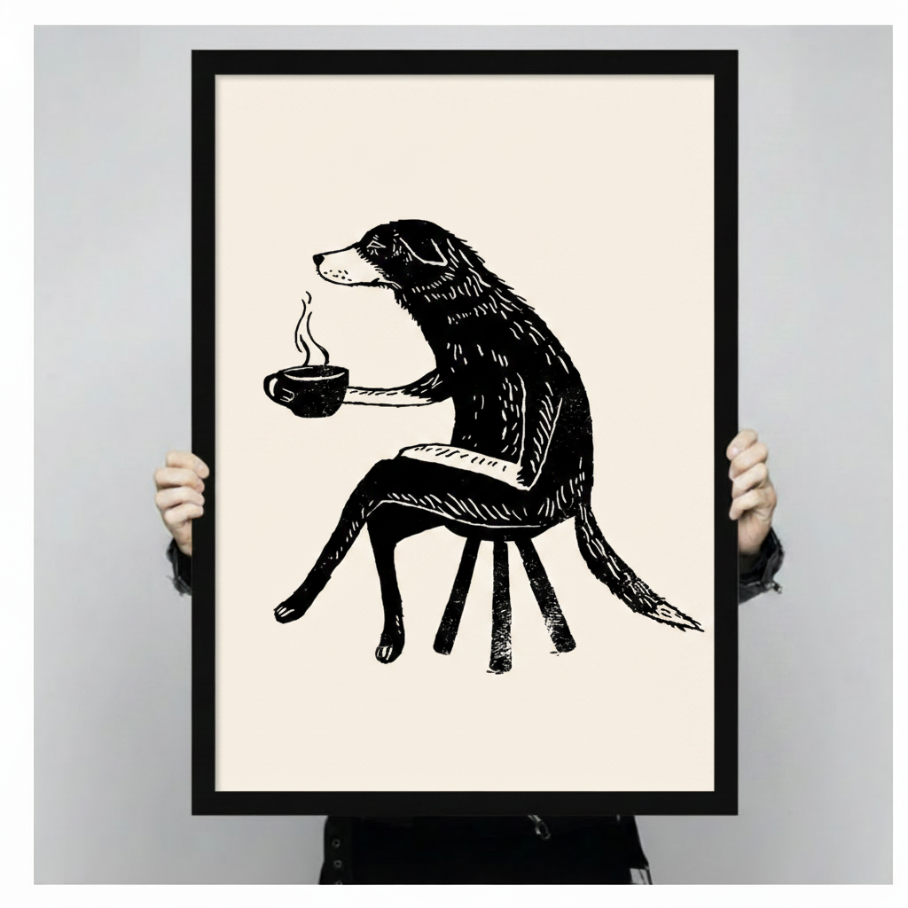 Coffee Dog Woodcut Illustration Canvas Wall Art