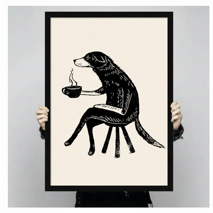 Coffee Dog Woodcut Illustration Canvas Wall Art