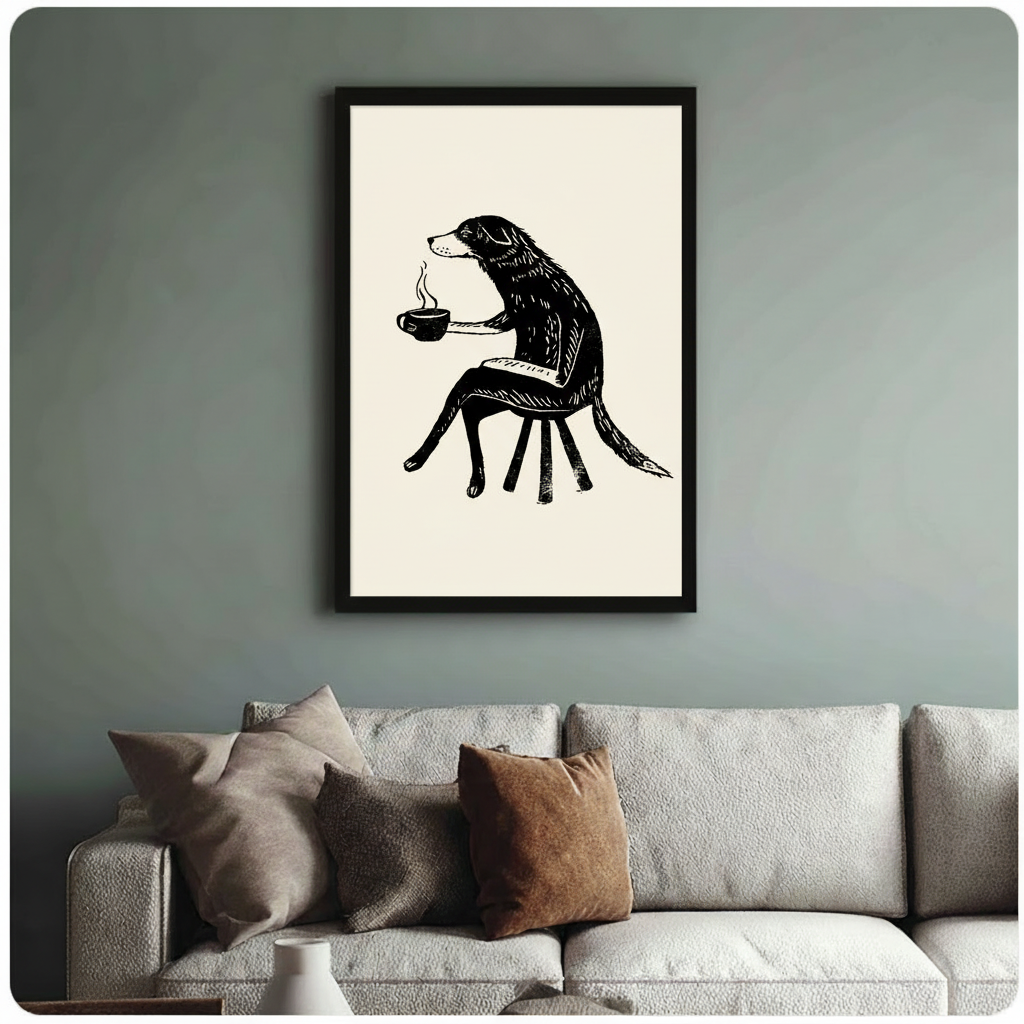 Coffee Dog Woodcut Illustration Canvas Wall Art