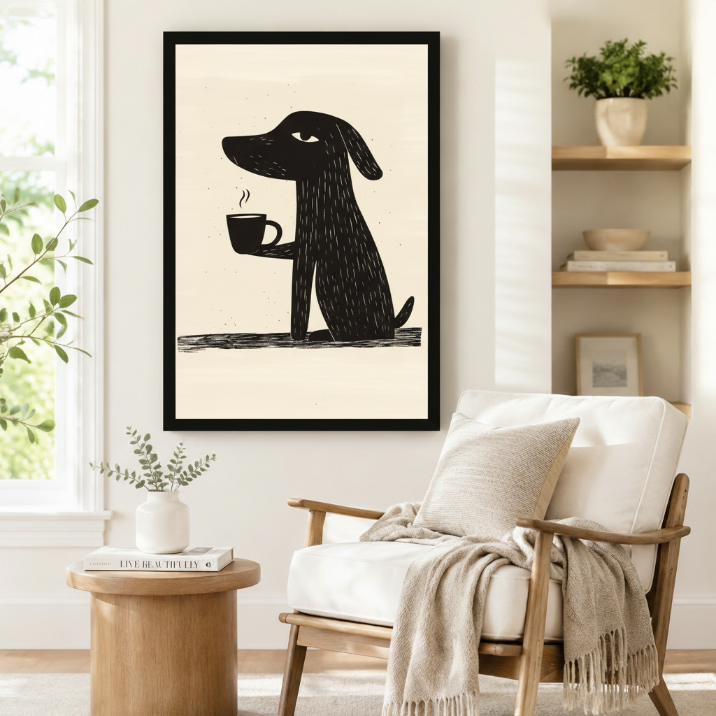 Coffee Dog Linocut Canvas Wall Art
