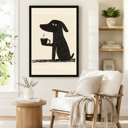 Coffee Dog Linocut Canvas Wall Art
