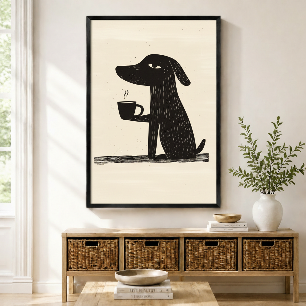 Coffee Dog Linocut Canvas Wall Art