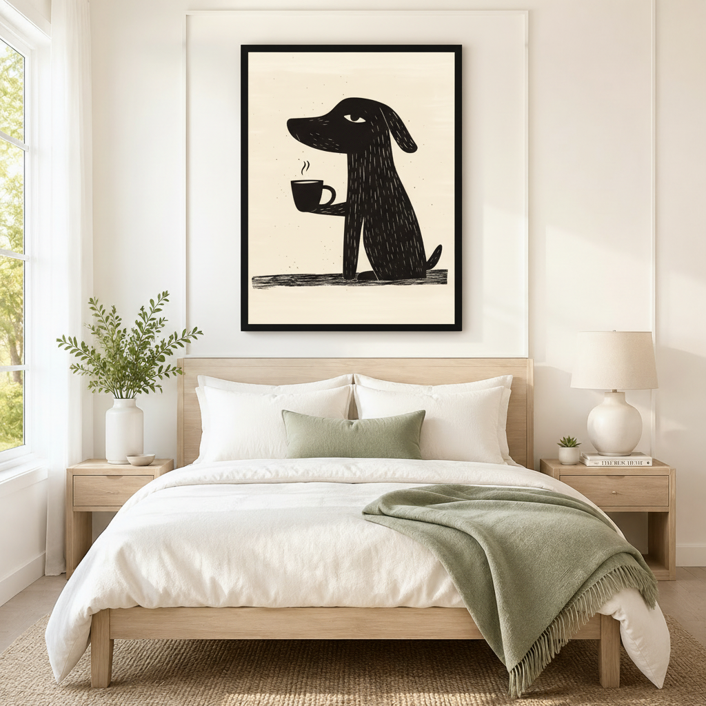 Coffee Dog Linocut Canvas Wall Art