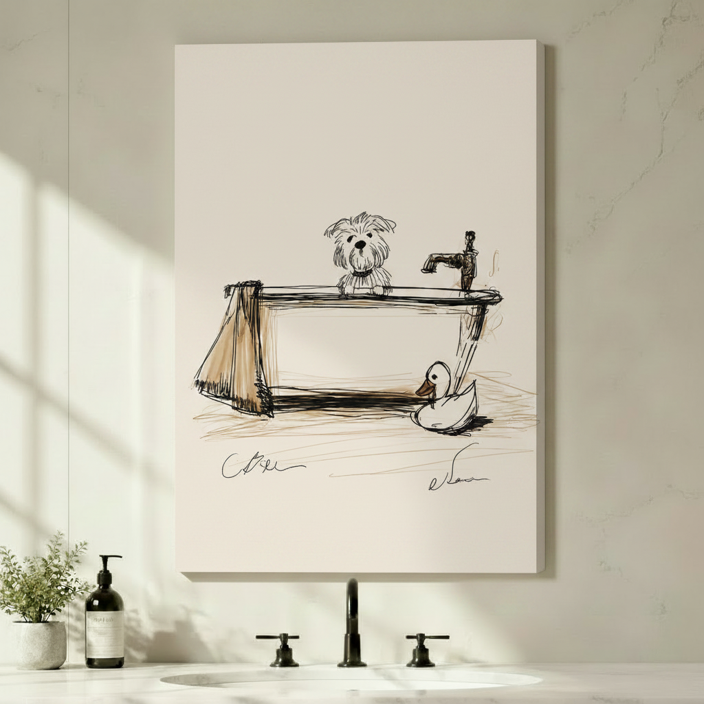 Sketch Dog Bath Tub Framed Canvas Art Wall Art
