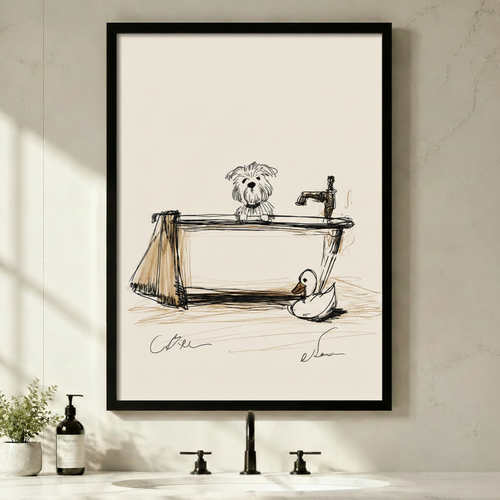 Sketch Dog Bath Tub Framed Canvas Art Wall Art
