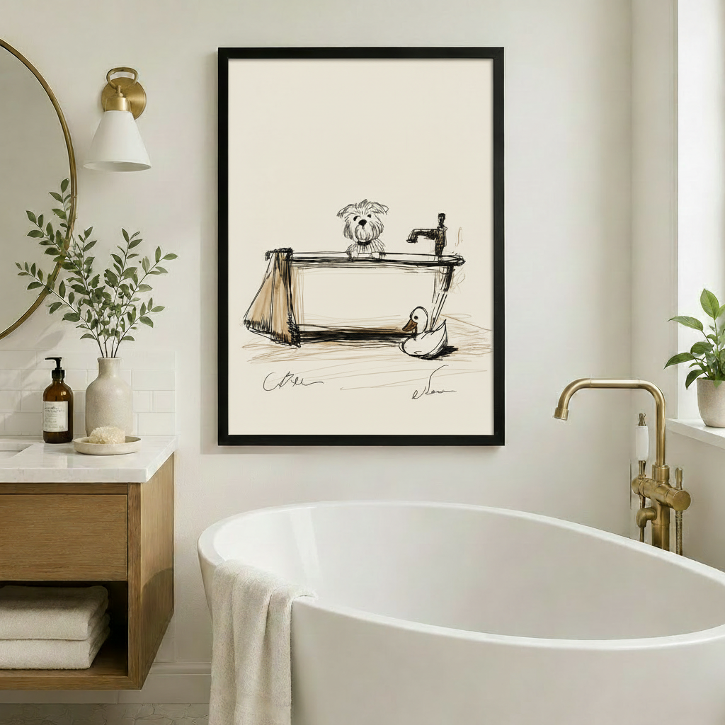 Sketch Dog Bath Tub Framed Canvas Art Wall Art