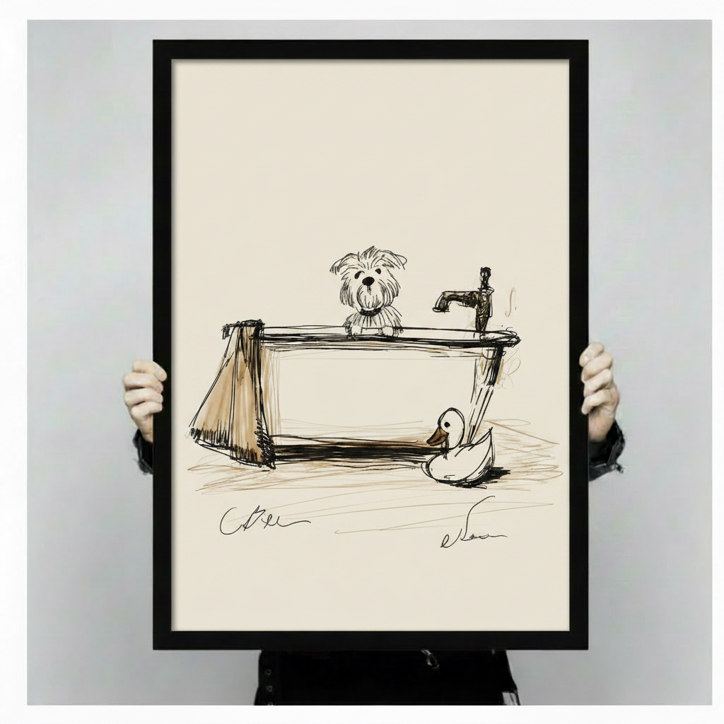 Sketch Dog Bath Tub Framed Canvas Art Wall Art