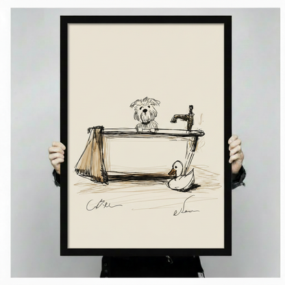 Sketch Dog Bath Tub Framed Canvas Art Wall Art