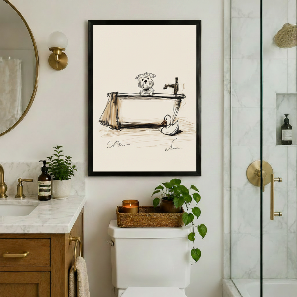 Sketch Dog Bath Tub Framed Canvas Art Wall Art