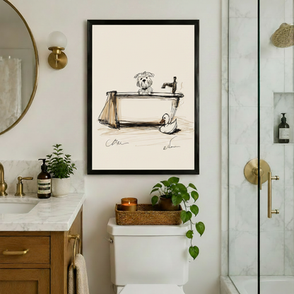 Sketch Dog Bath Tub Framed Canvas Art Wall Art