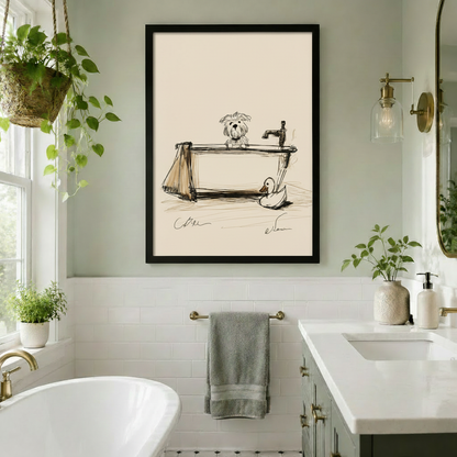 Sketch Dog Bath Tub Framed Canvas Art Wall Art