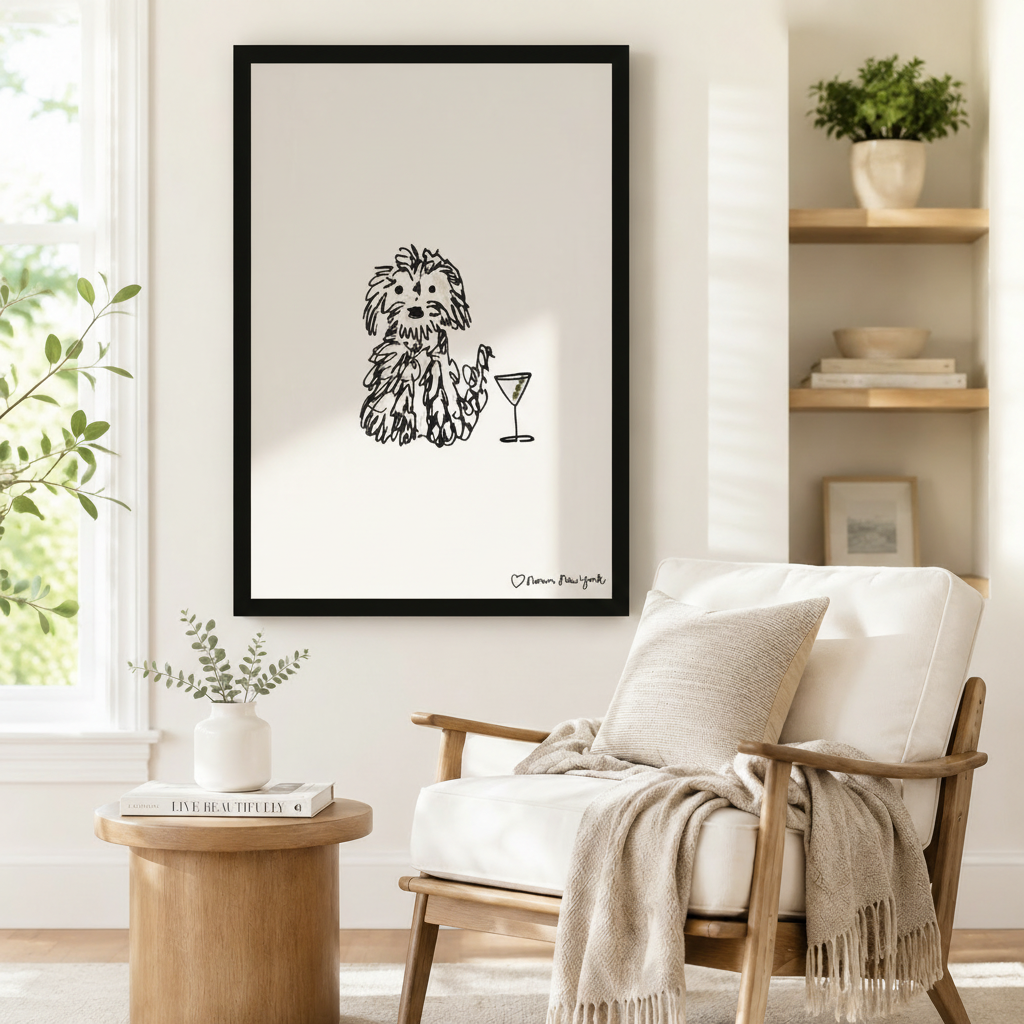 Whimsical Dog & Martini Sketch Framed Canvas Art