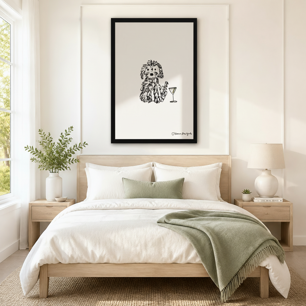 Whimsical Dog & Martini Sketch Framed Canvas Art