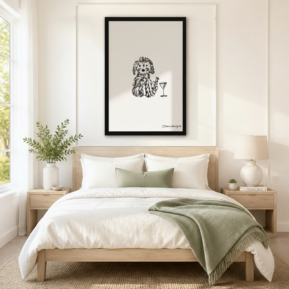 Whimsical Dog & Martini Sketch Framed Canvas Art