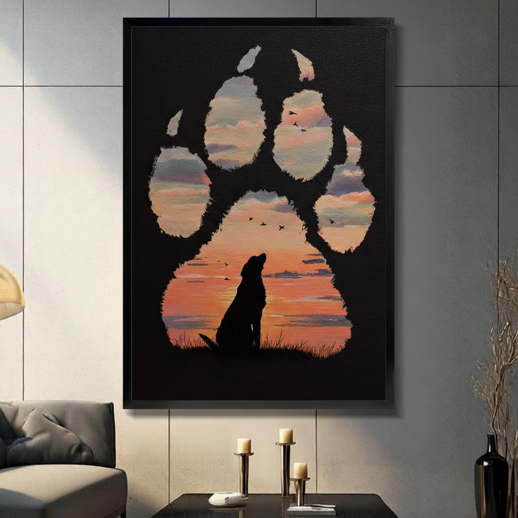 Dog Paw Sunset Silhouette Double Exposure Canvas Art