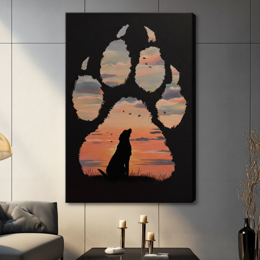 Dog Paw Sunset Silhouette Double Exposure Canvas Art