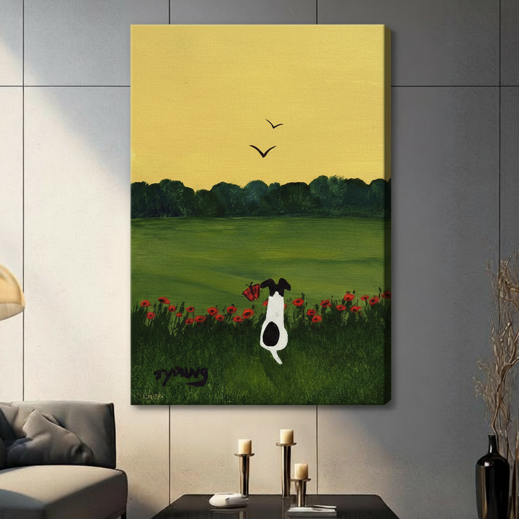 Dog Poppy Field Folk Art Canvas Print Wall Art