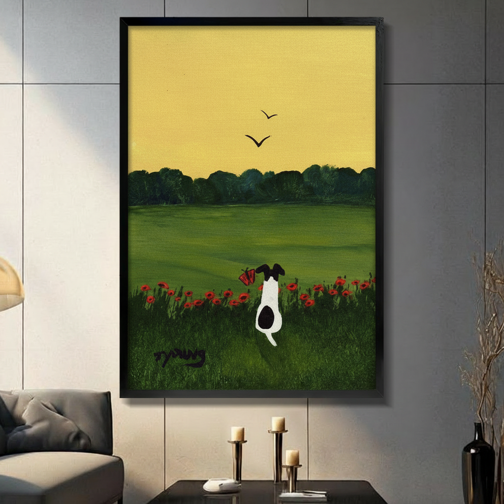 Dog Poppy Field Folk Art Canvas Print Wall Art