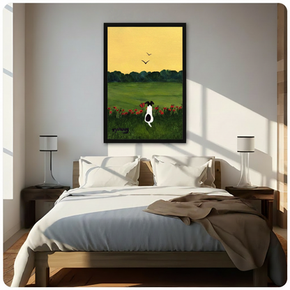Dog Poppy Field Folk Art Canvas Print Wall Art