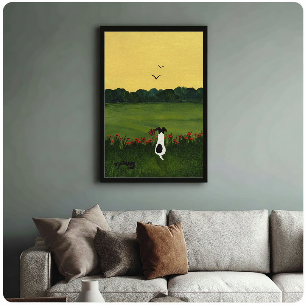 Dog Poppy Field Folk Art Canvas Print Wall Art
