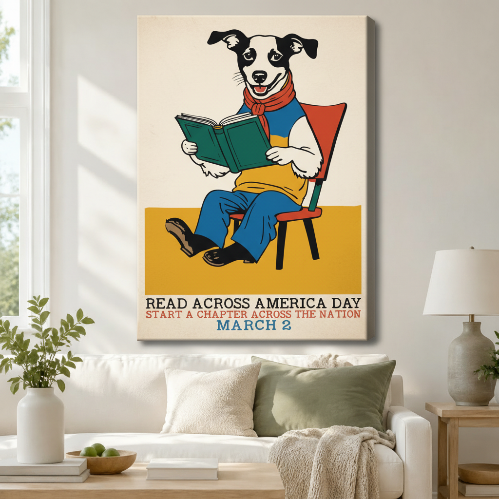 Reading Dog Retro Folk Art Canvas Print Wall Art