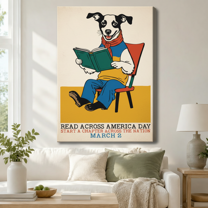 Reading Dog Retro Folk Art Canvas Print Wall Art