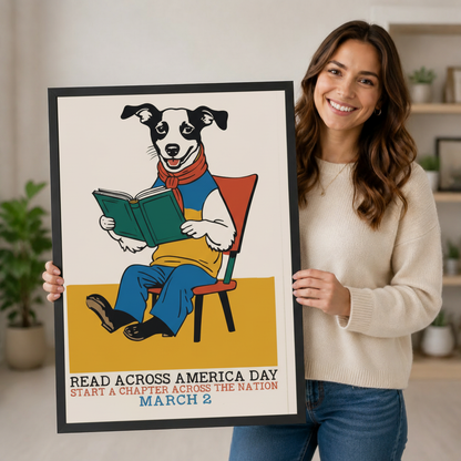 Reading Dog Retro Folk Art Canvas Print Wall Art