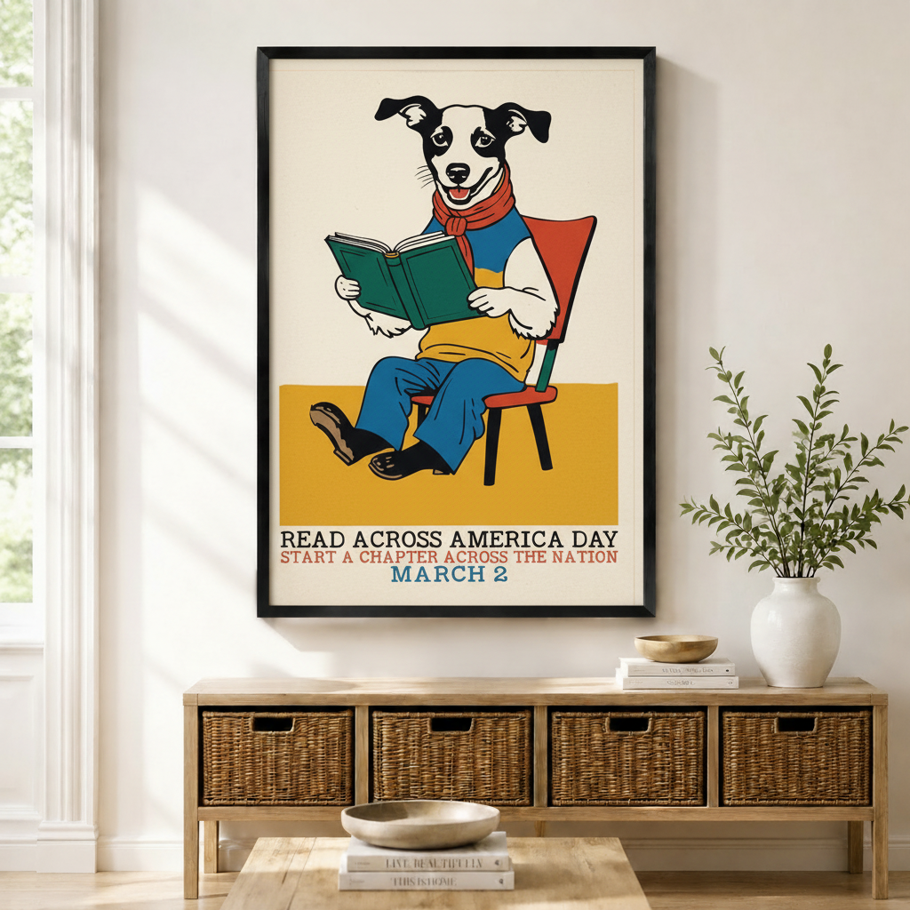 Reading Dog Retro Folk Art Canvas Print Wall Art