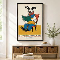 Reading Dog Retro Folk Art Canvas Print Wall Art